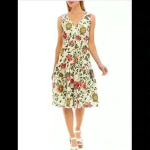 Maison Tara Sleeveless V-Neck Cinched Waist Floral Fit & Flare Dress - Size 16
